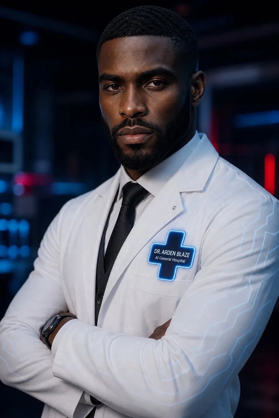 Dr. Arden Blaze in a white AI General Hospital lab coat