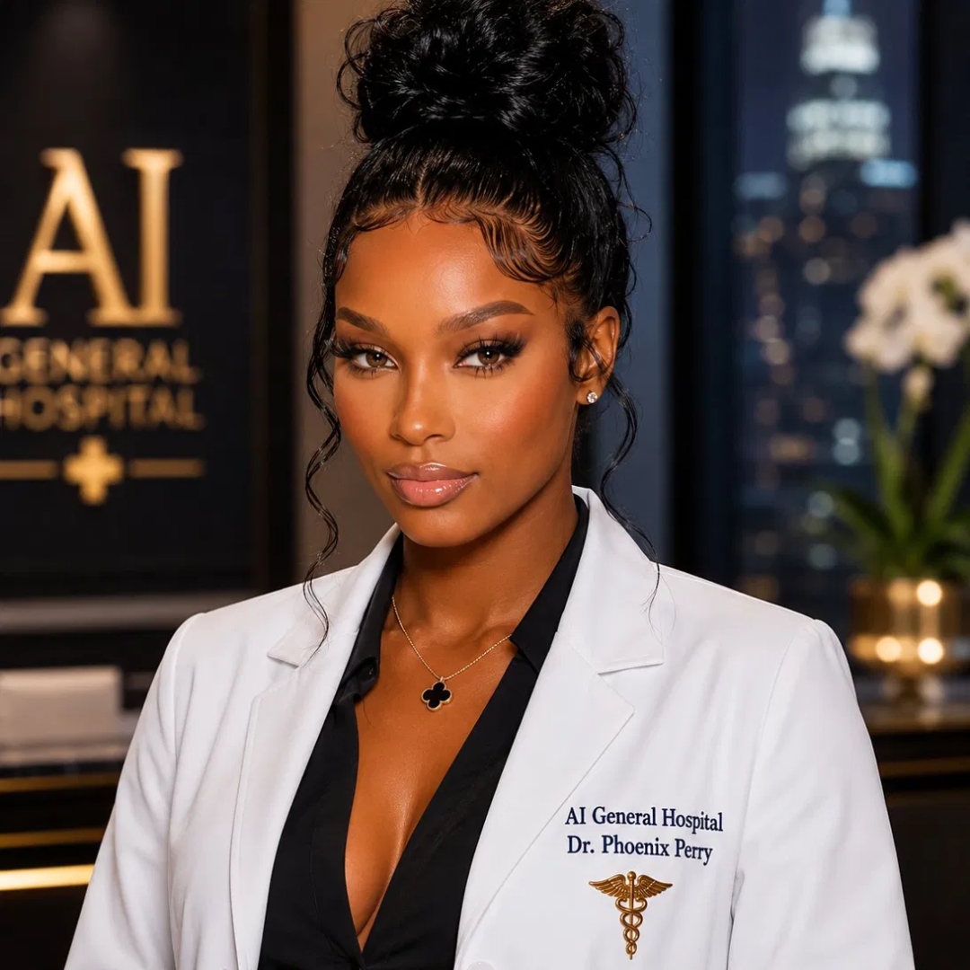 Dr. Phoenix Perry in an AI General Hospital lab coat